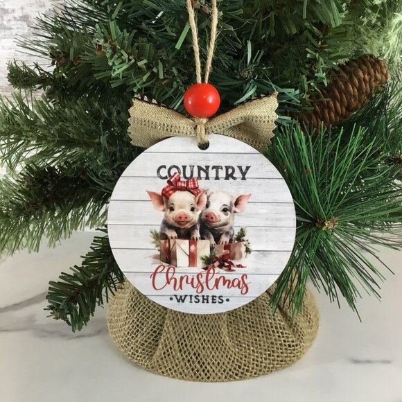 Pig Country Christmas Wishes Round Rustic Christmas Ornament - Picture 3 of 6